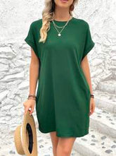 LOOSE FIT SOLID COLOR ROUND NECK BATWING SLEEVE DRESS